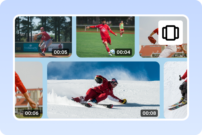 A grid of short sports-video clips displays duration labels on every visible thumbnail
