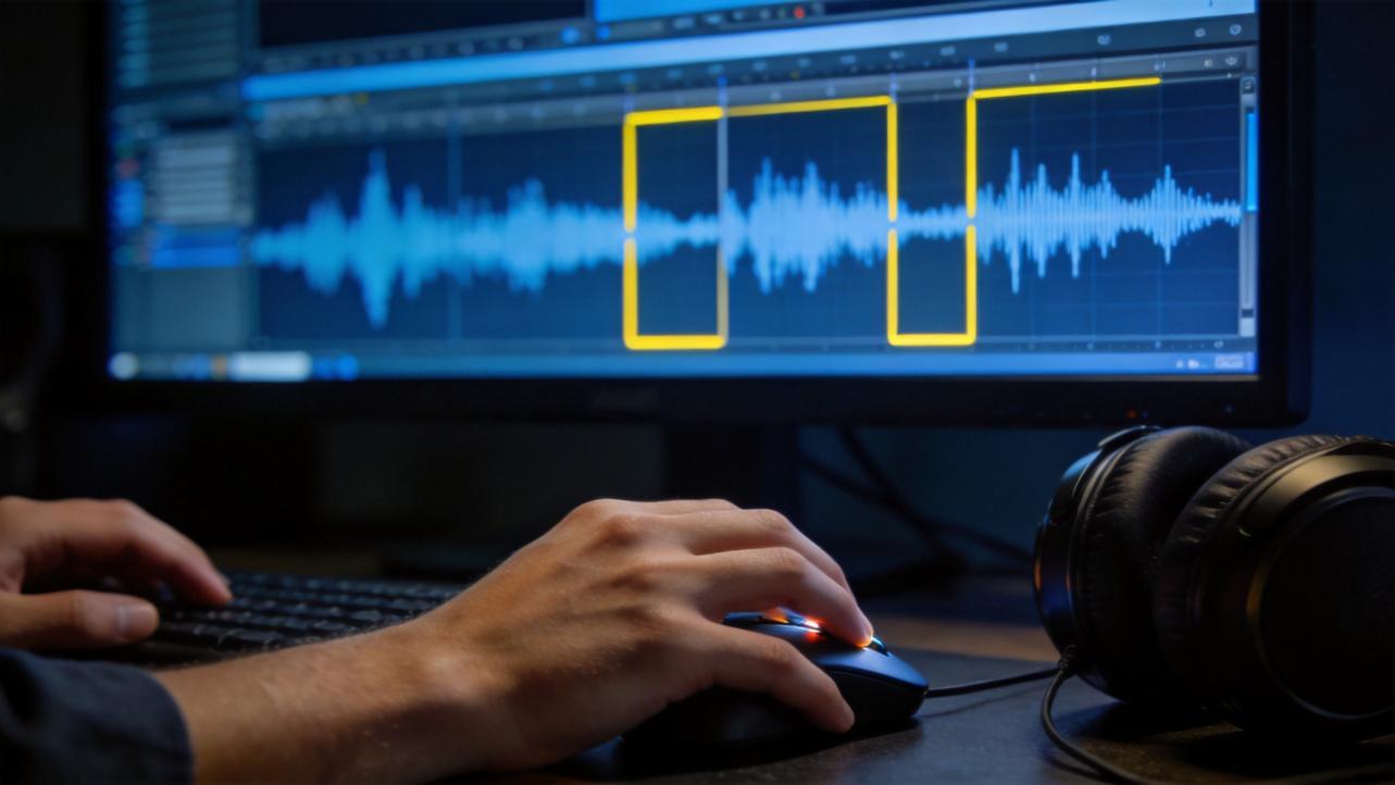 Audio waveform on a video editing timeline with hands using a mouse and headphones nearby