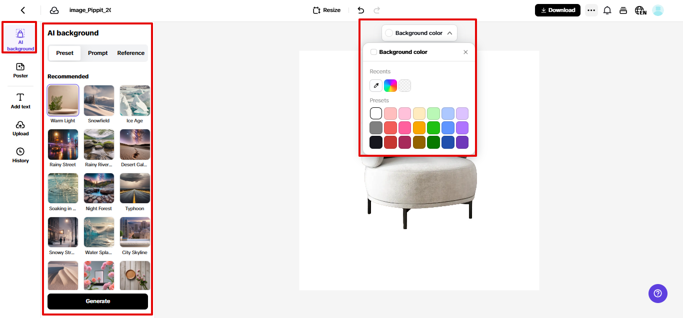 Changing background of product in Pippit