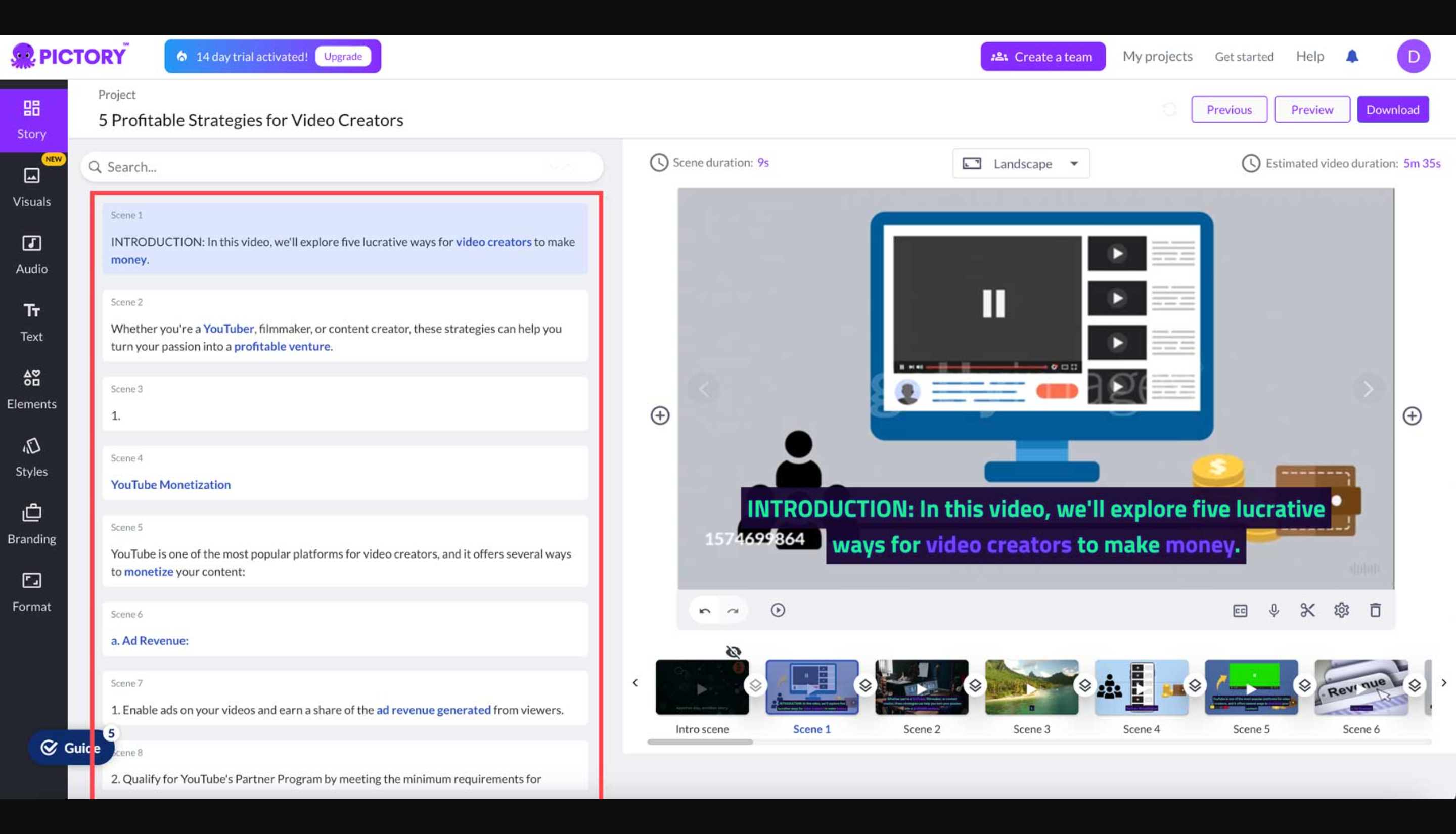 Giao diện của Pictory - kịch bản tốt nhất để tạo video văn bản