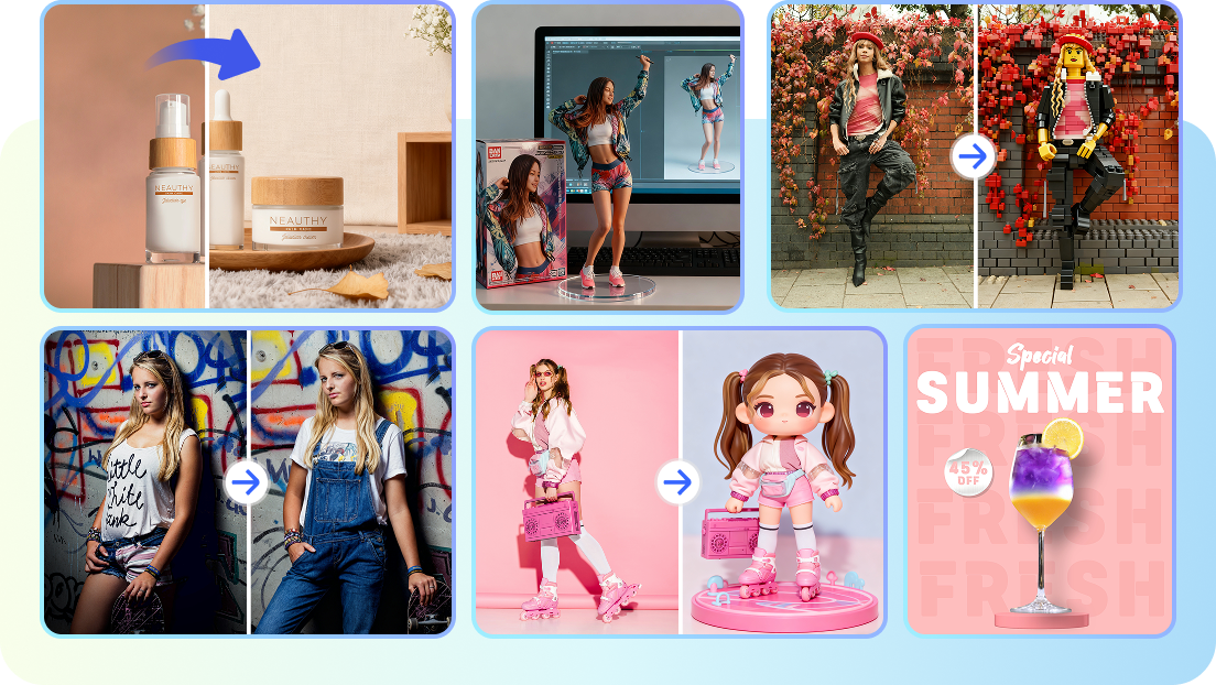 Blend characters, outfits, and backgrounds seamlessly with online photo editor