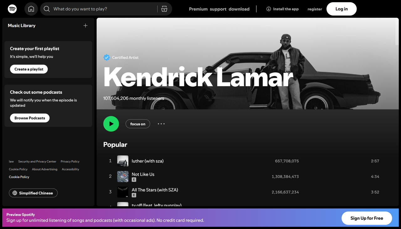 Artis dari lagu yang paling banyak diputar di Spotify minggu ini: Kendrick Lamar