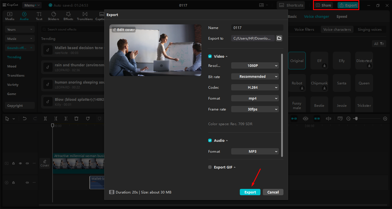 Esportazione di video dopo l'editing nell' CapCut editor video desktop