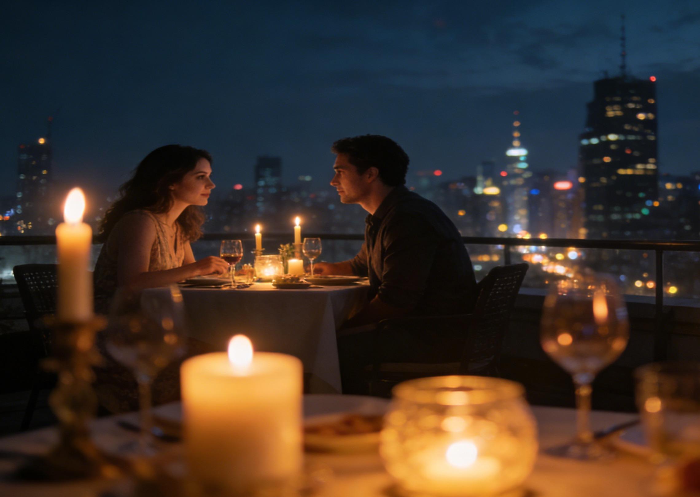 Makan malam romantis di atas bumbung yang menghadap ke lampu bandar