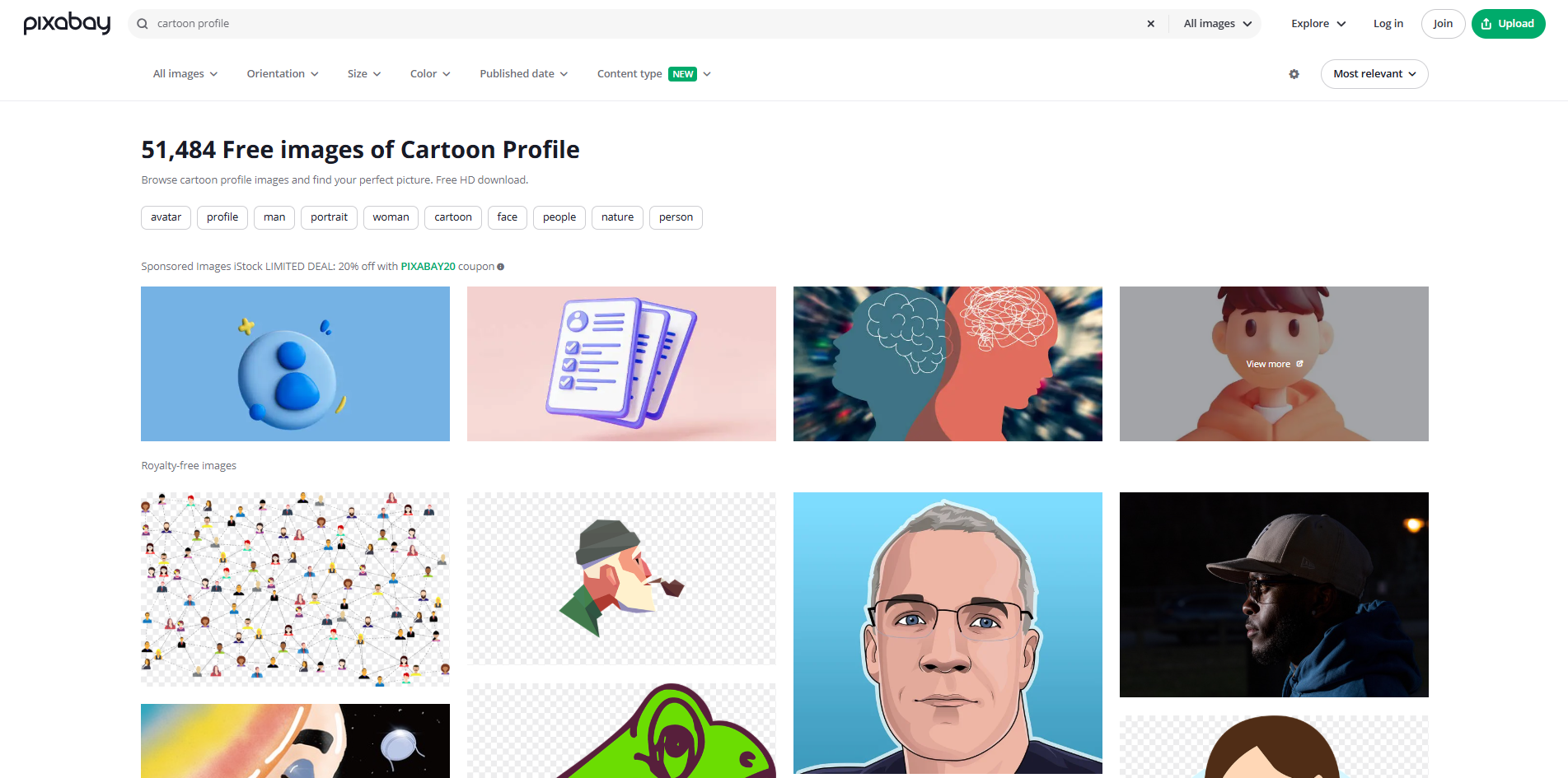 Interfaccia di Pixabay - una risorsa online per immagini profilo cartoon gratuite