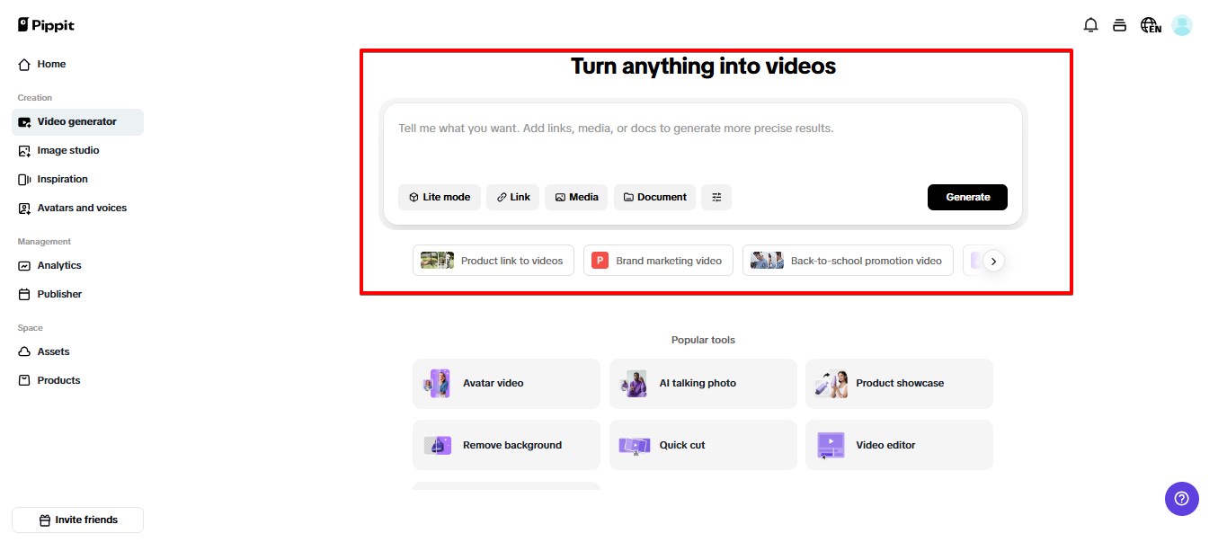 Generatore video su Pippit