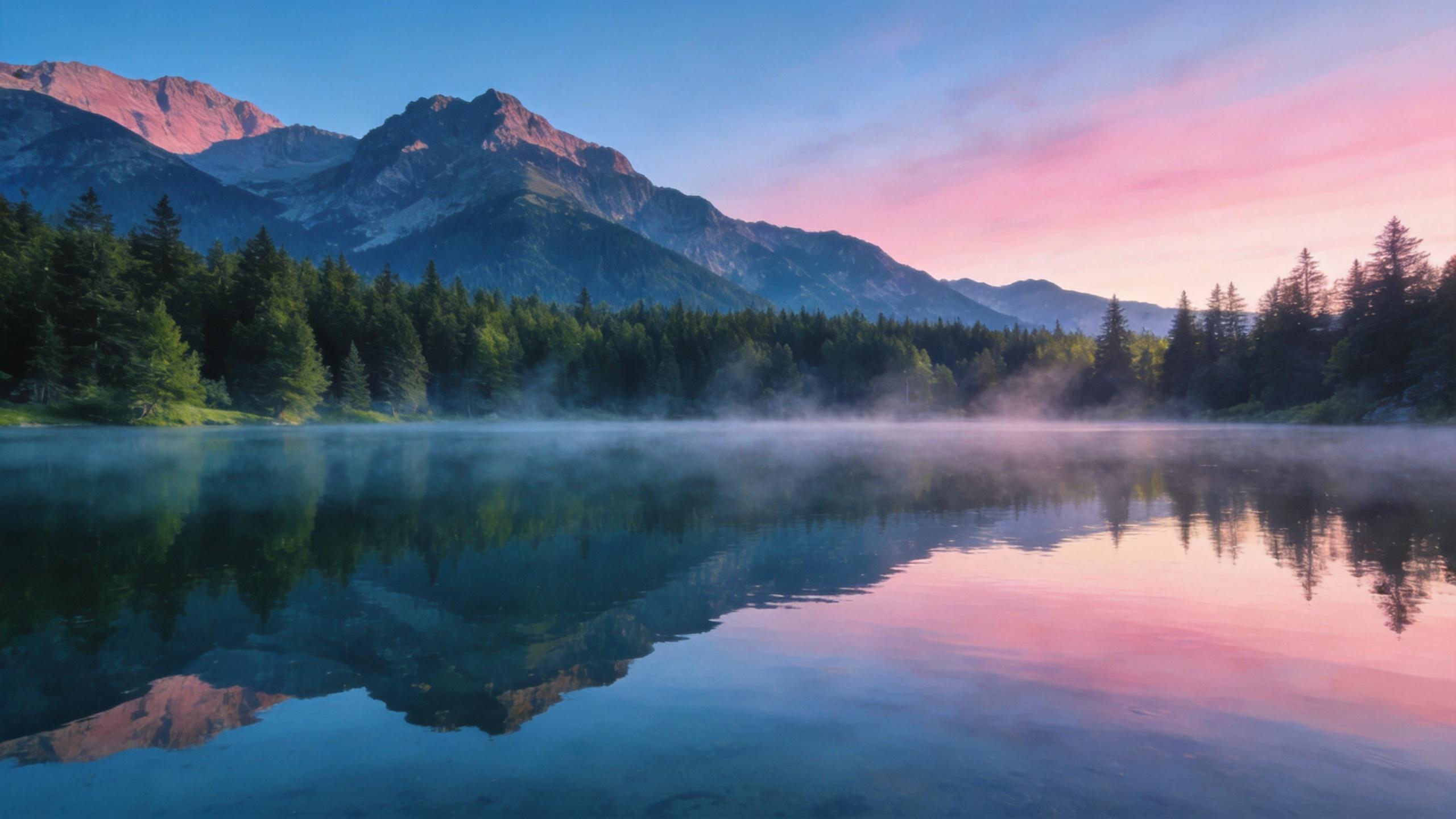 Mountain lake at sunrise with pine forest and pink clouds reflected in calm water