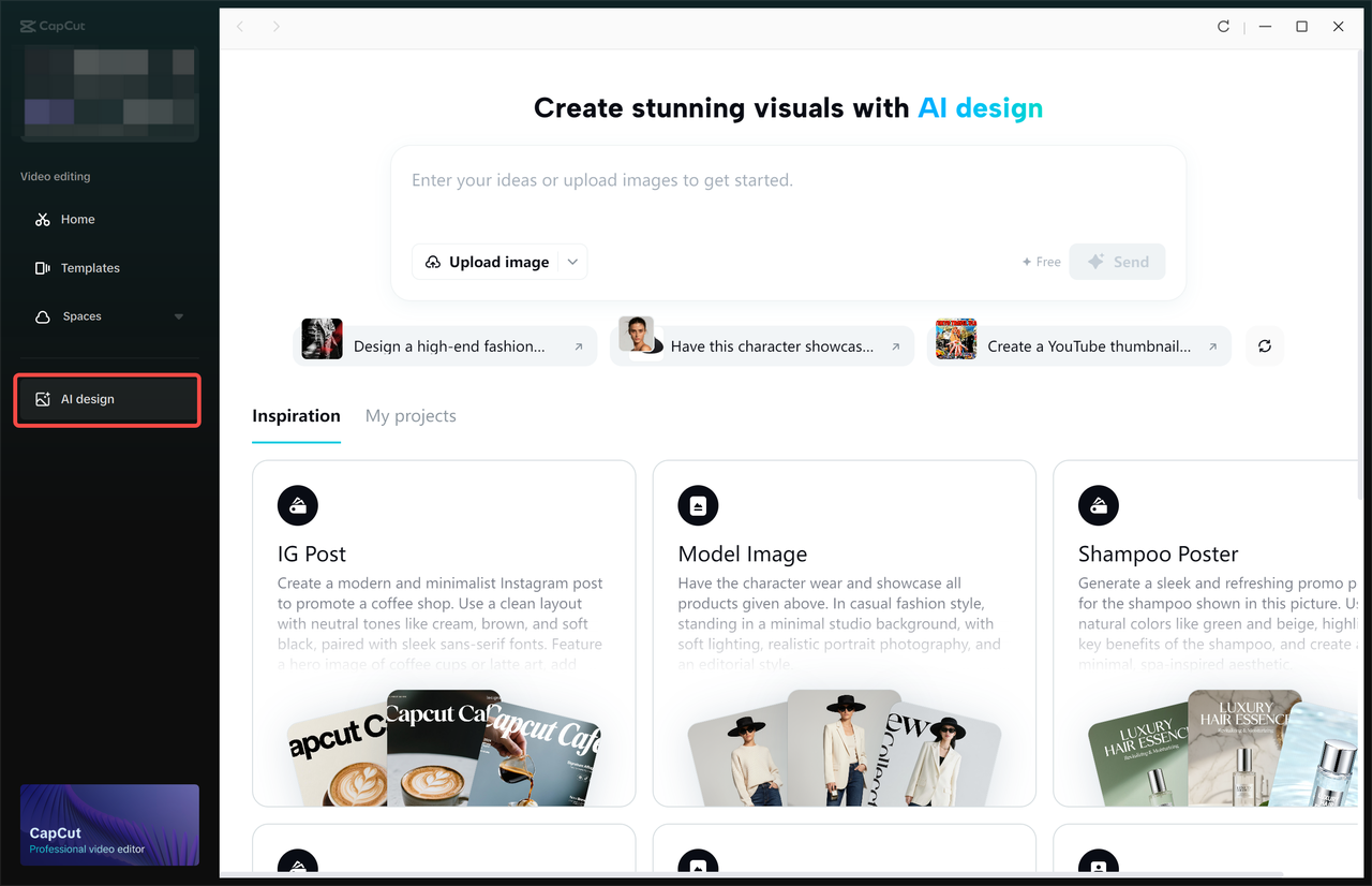 Accessing the AI design agent in the CapCut desktop video editor