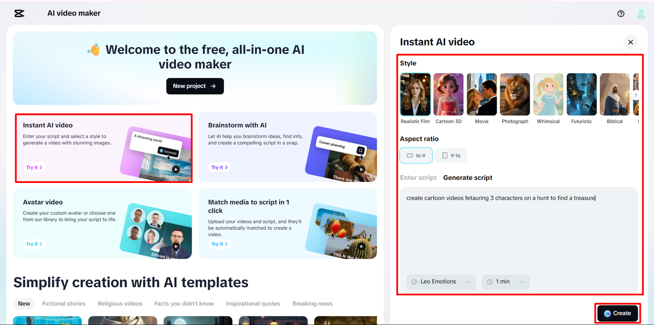 Access the AI video maker tool in the CapCut Web online video editor