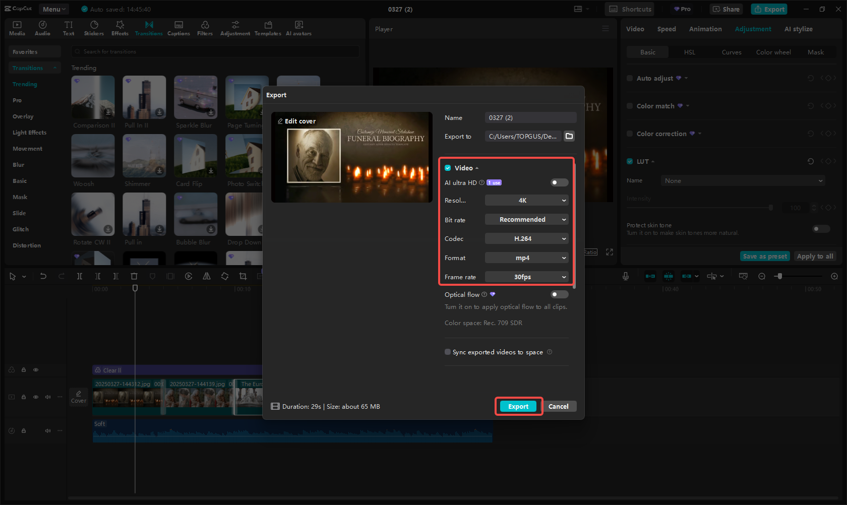 Export and share the memorial video
