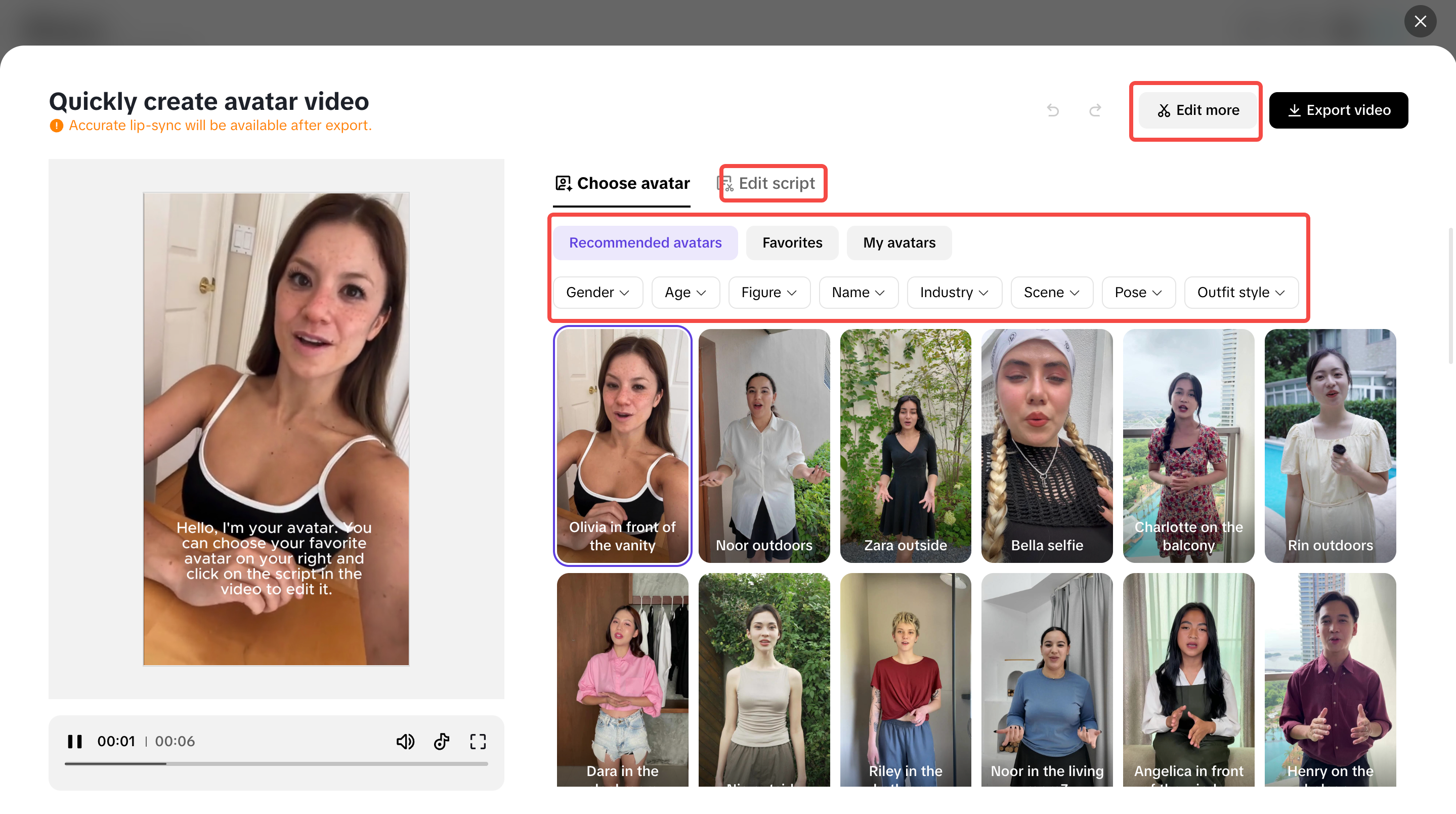 Choose Avatar to create a video