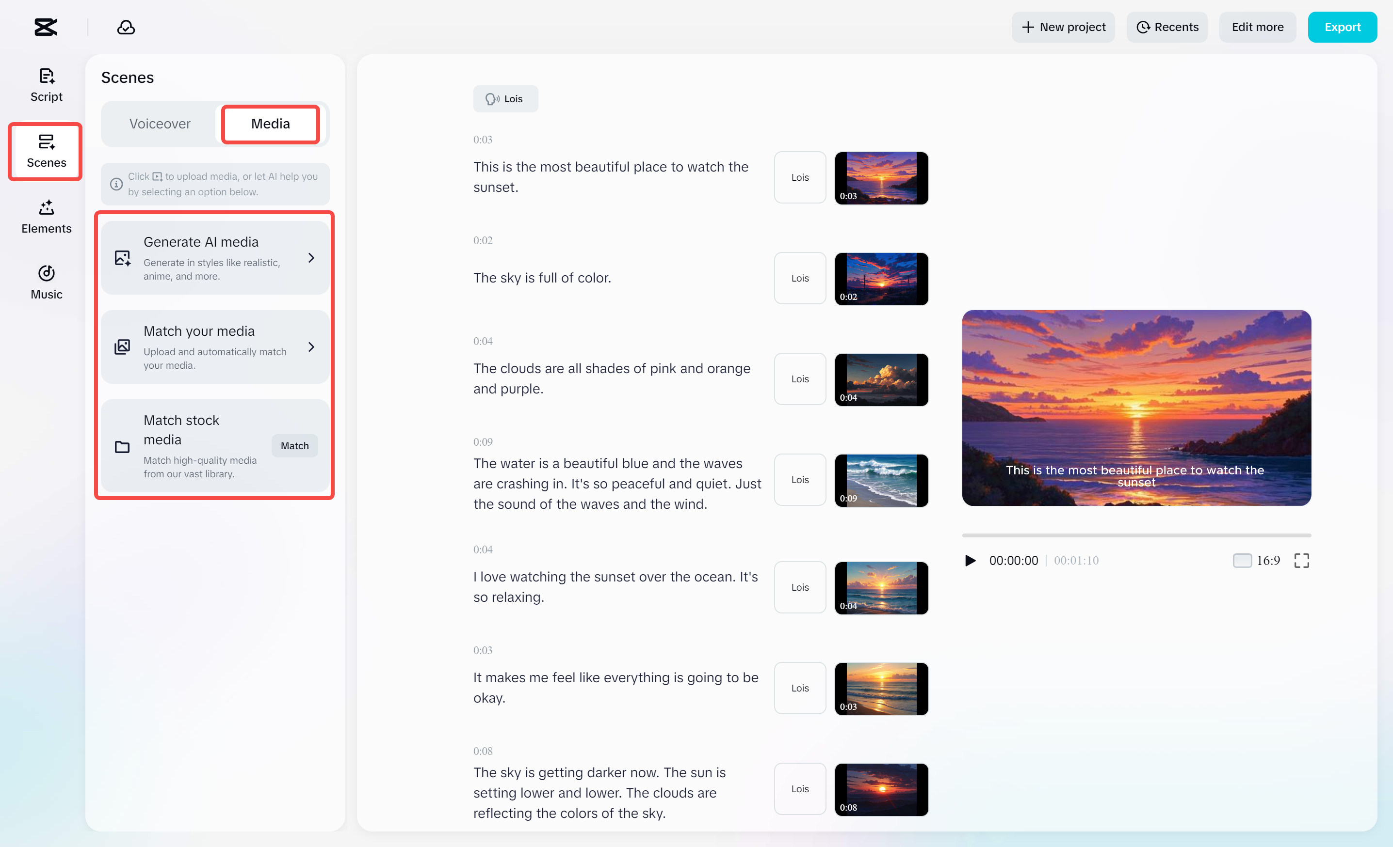 Aggiunta di voce fuori campo al video in CapCut 's AI video maker