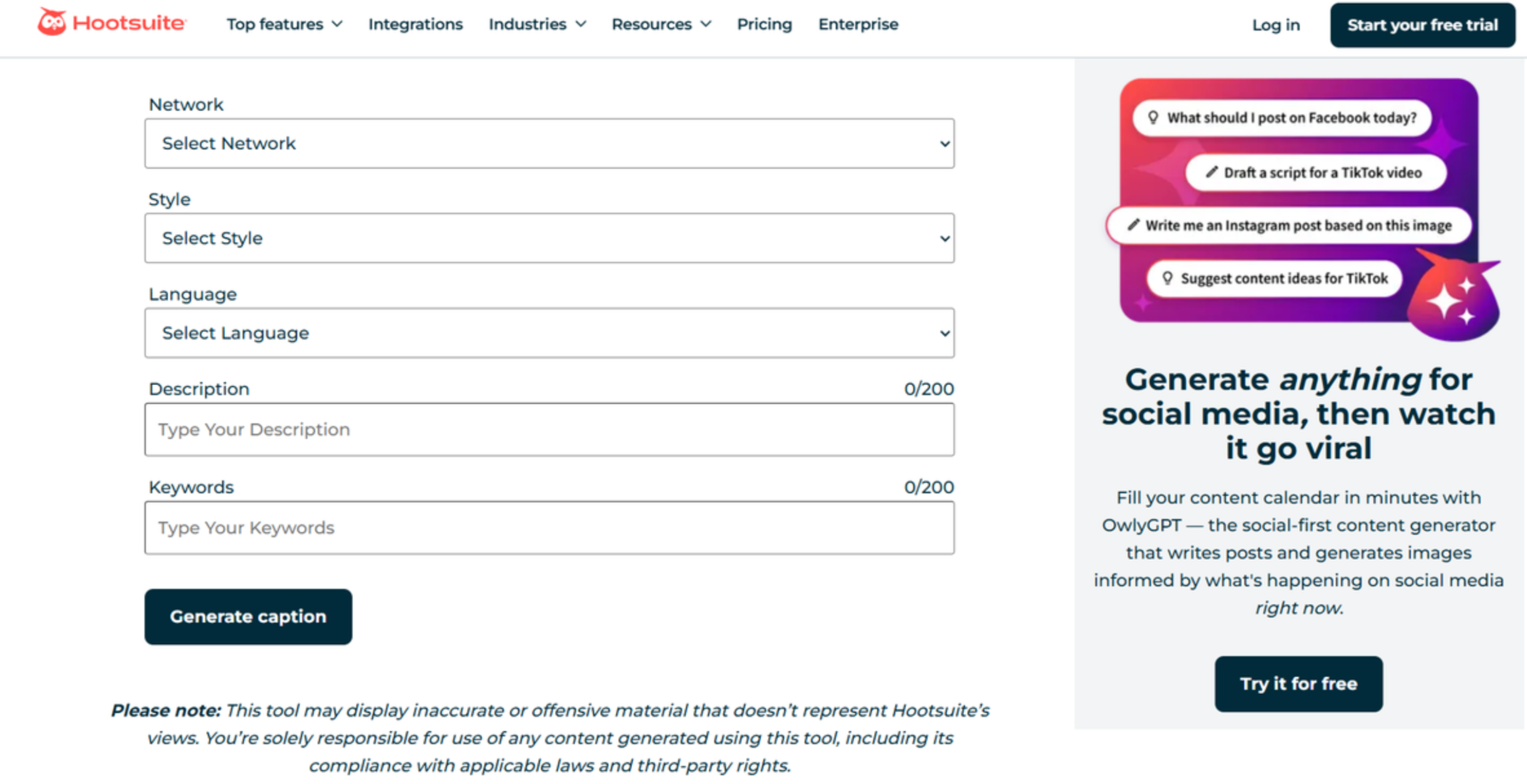 Interfaccia di Hootsuite - un generatore di testi perfetto per Snapchat