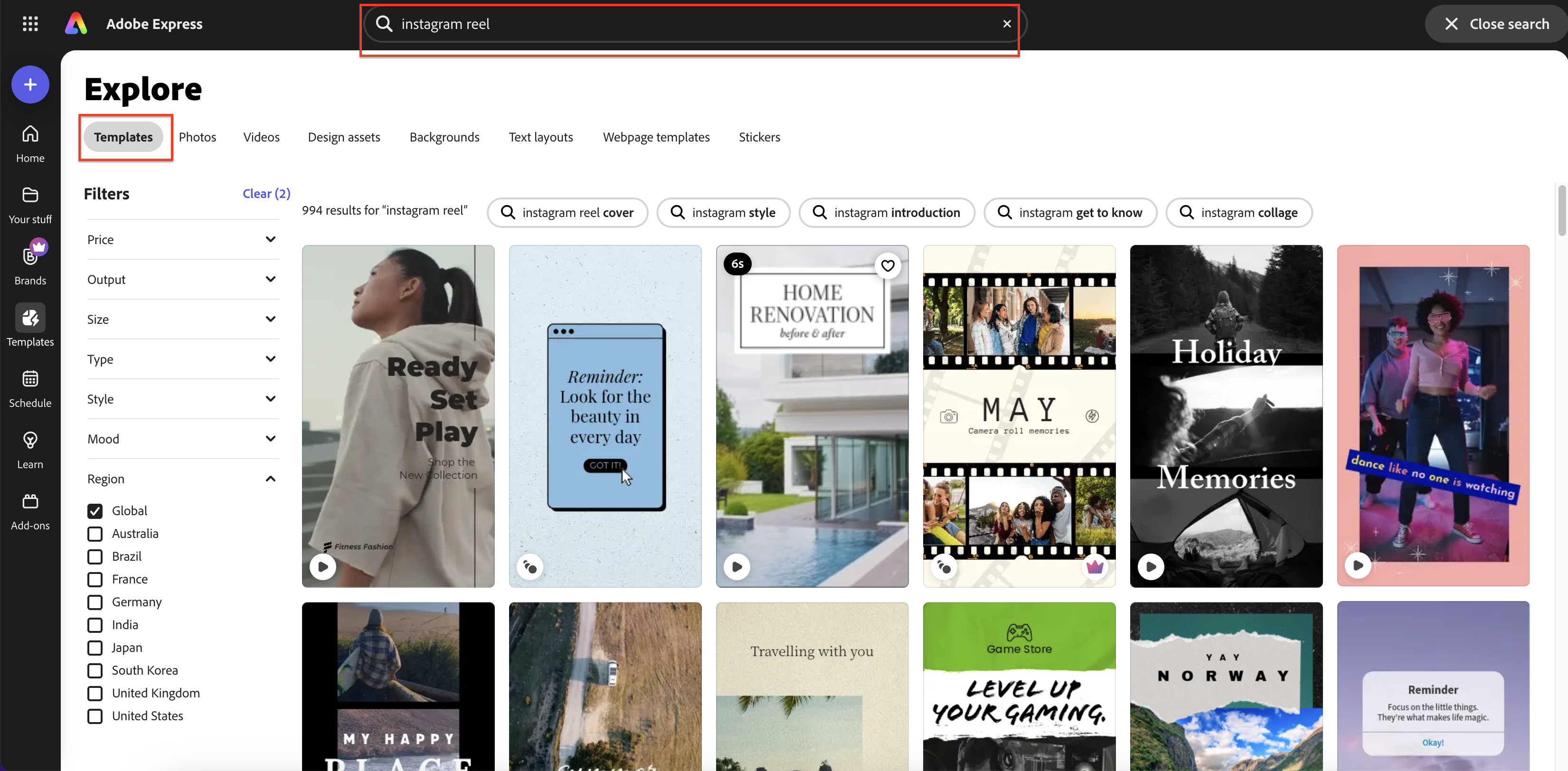 Adobe Express Instagram リールテンプレート選択