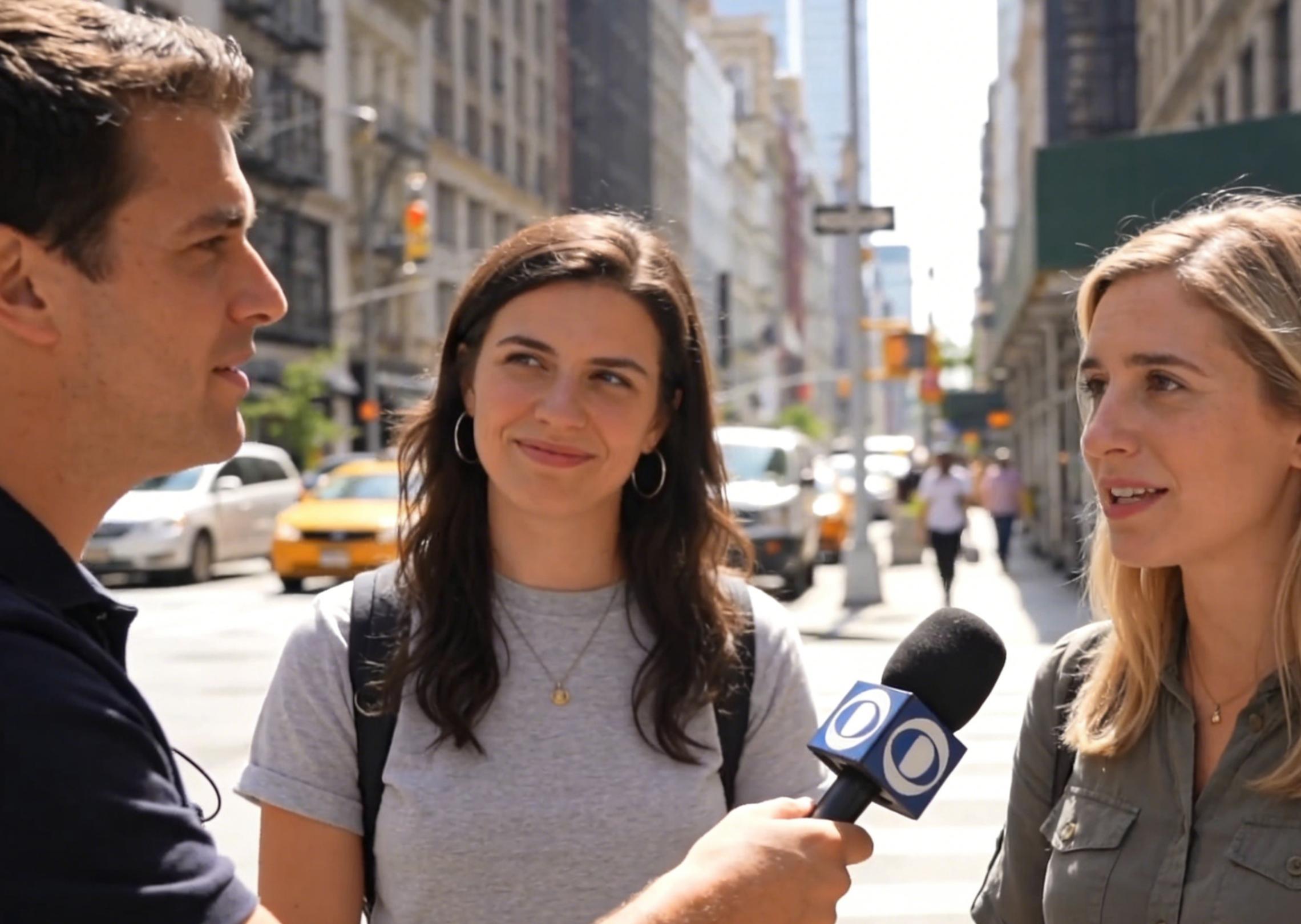 Generate a dialogue video of a reporter interviewing a person on the street