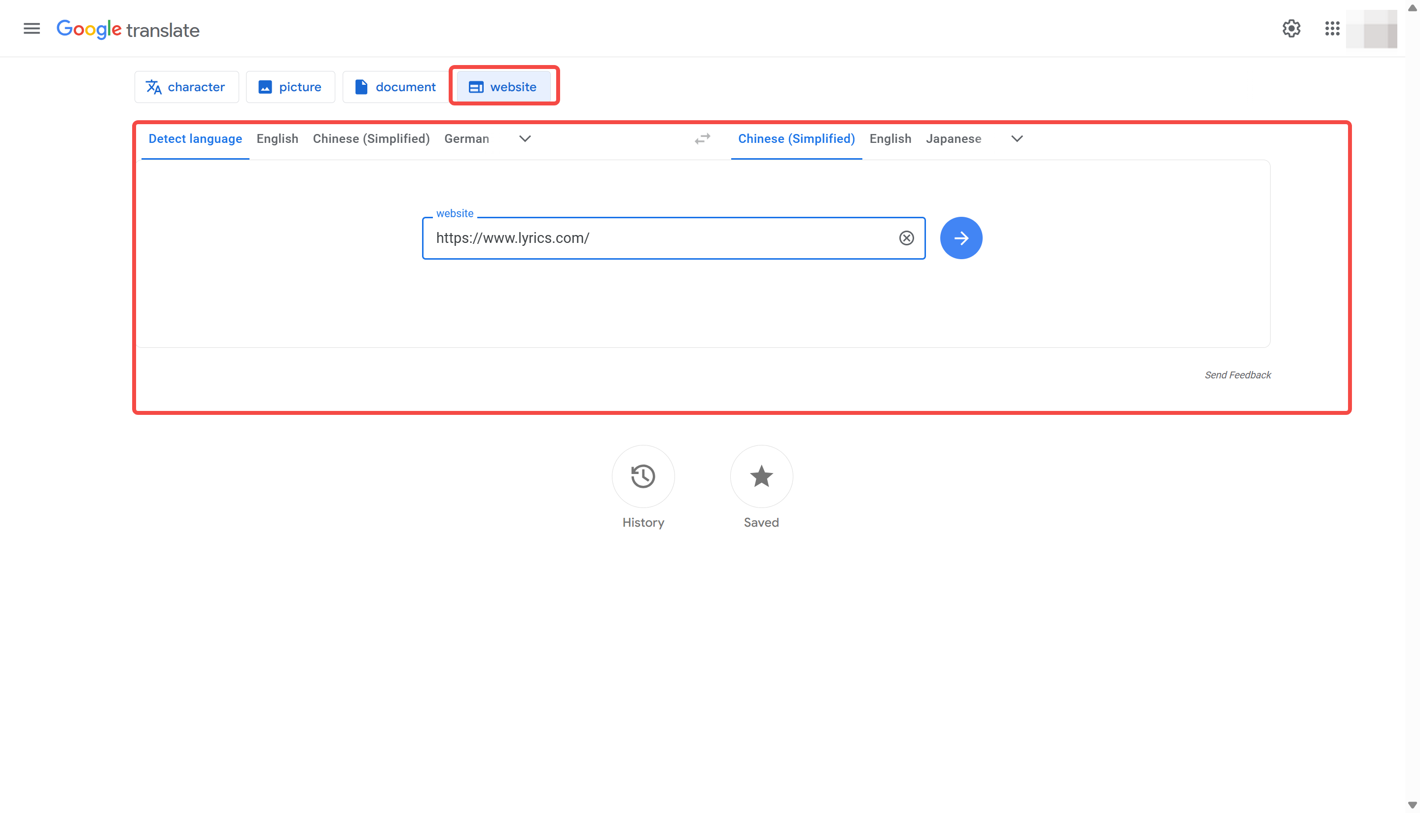 Visualizzazione della transizione del sito web su Google Traduttore