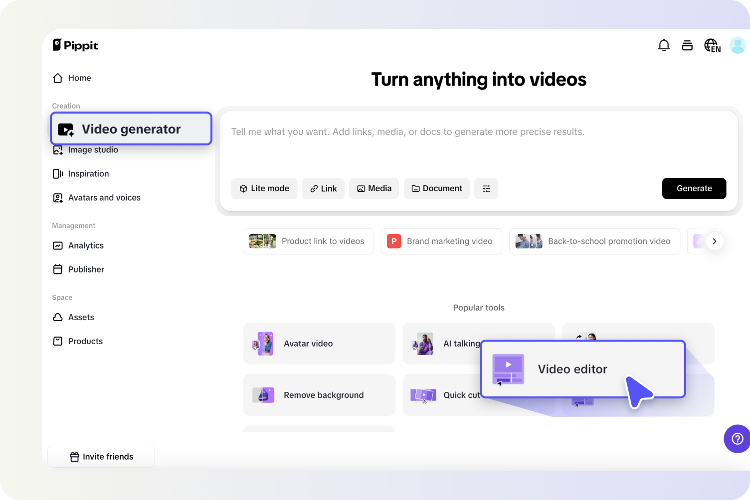 Opening video editor in Pippit