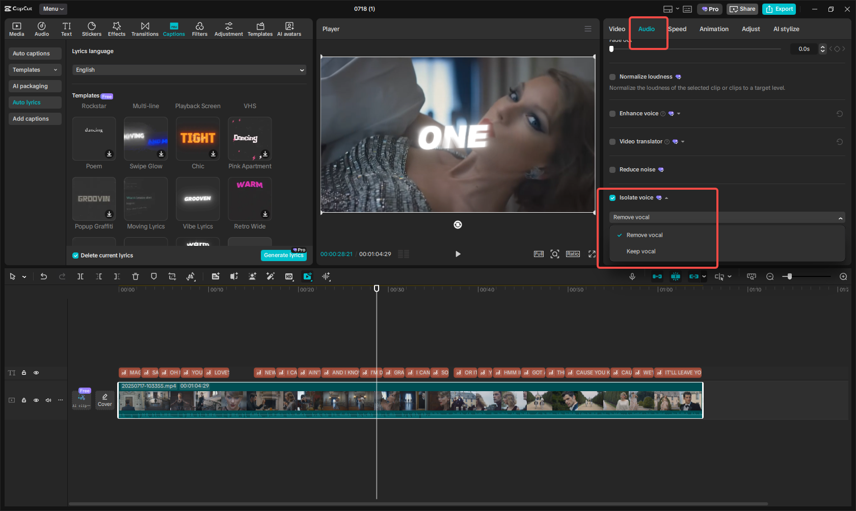 Remove vocals from the video