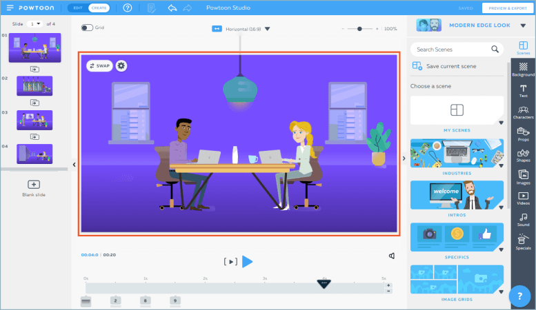 Interfața Powtoon - un alt producător gratuit de animație online pentru tablă albă