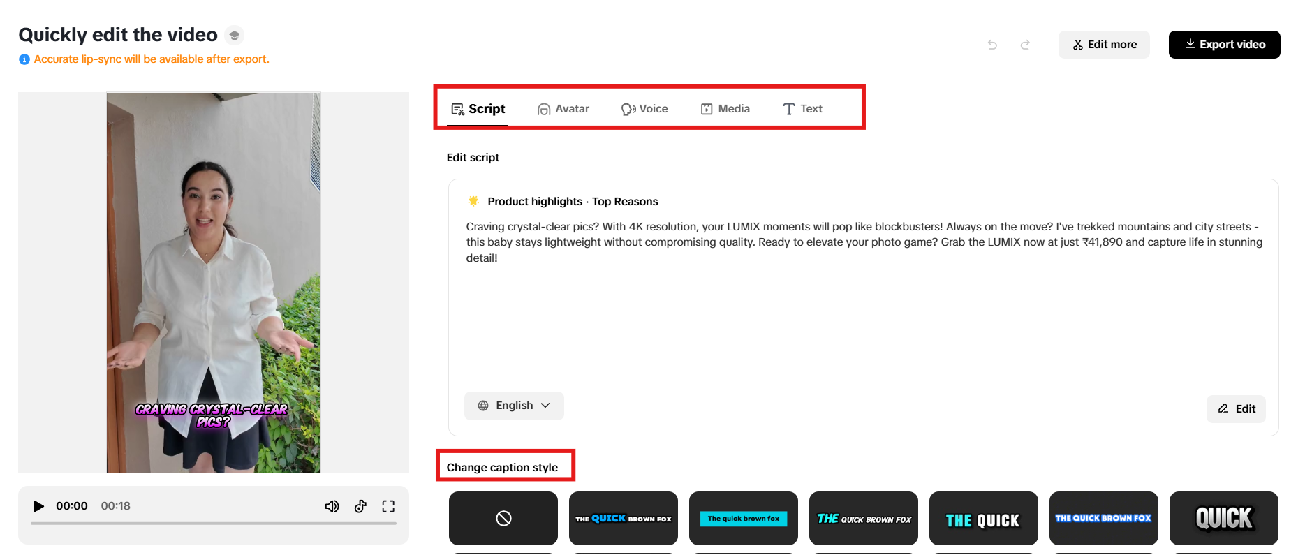 Modify script, avatar, voice, text and media
