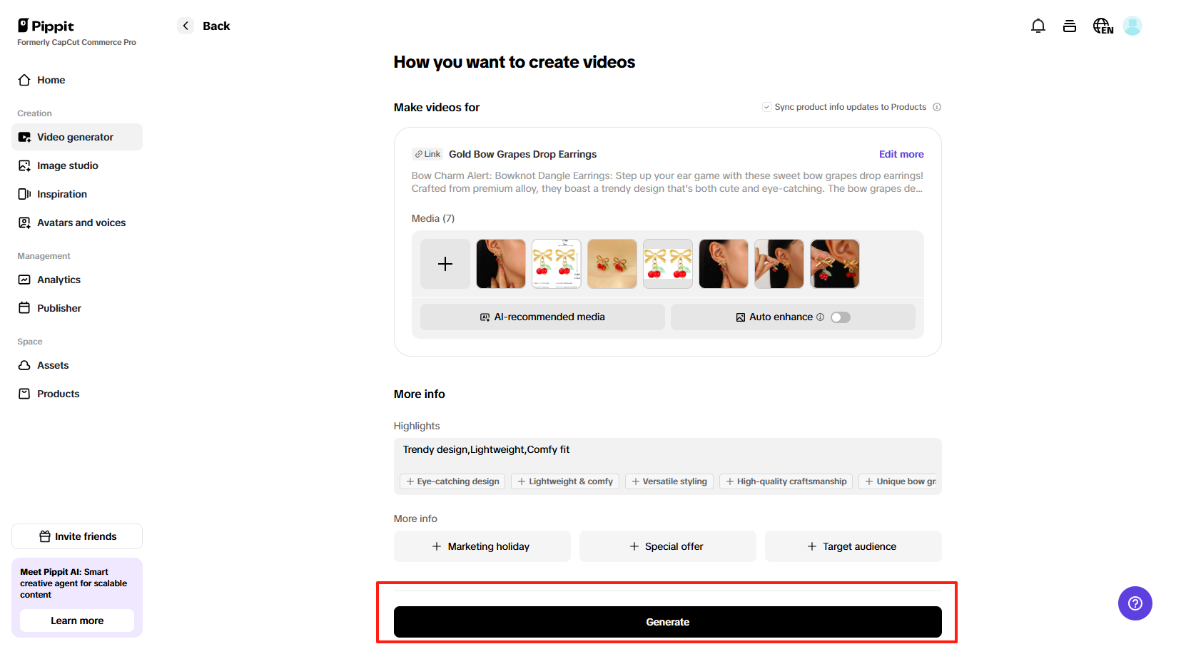 customizing video settings in Pippit