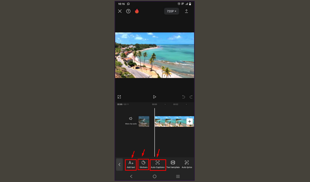 Mobile video editor showing a beach clip and editing tools for Reels