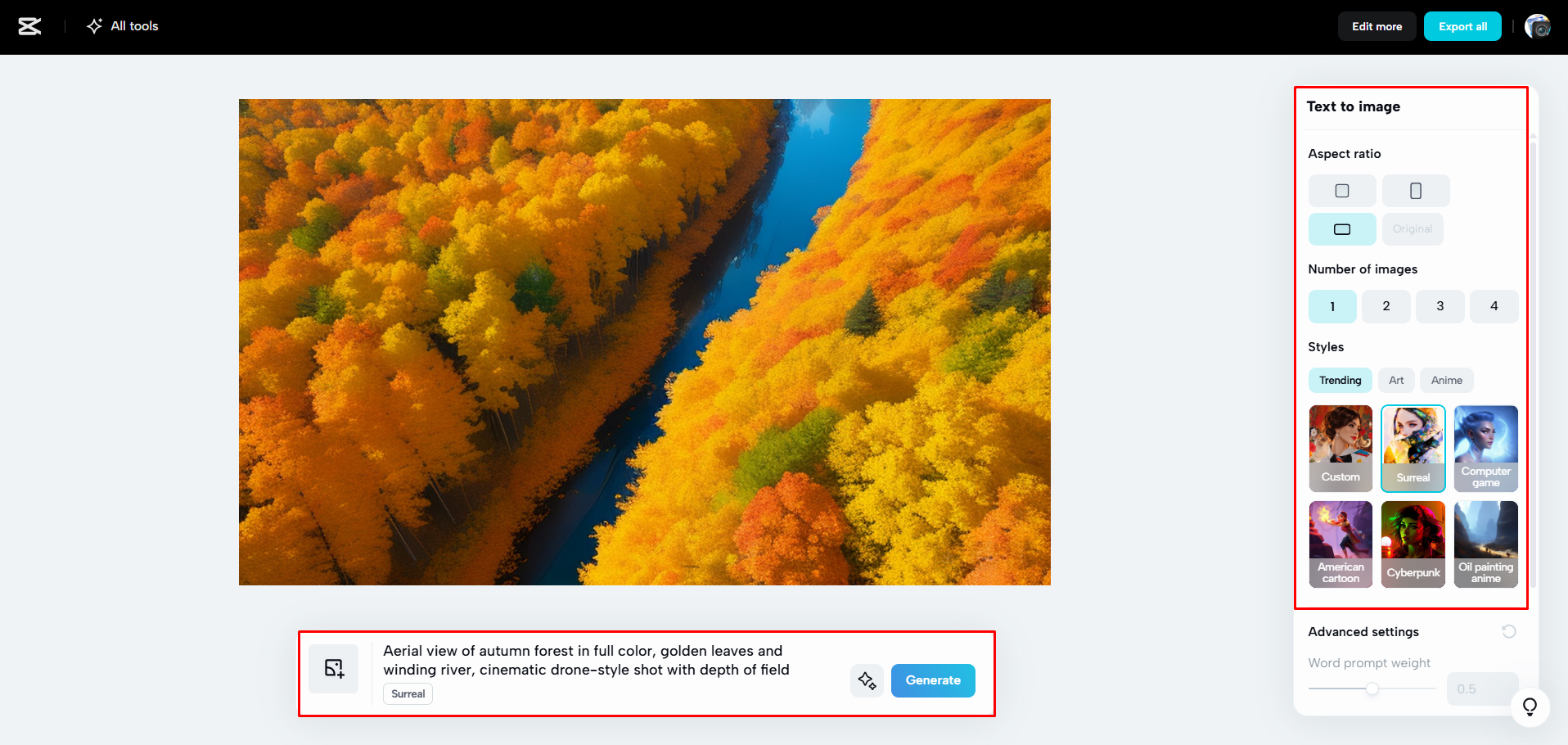 Digitando um comando e gerando uma imagem com o CapCut Web