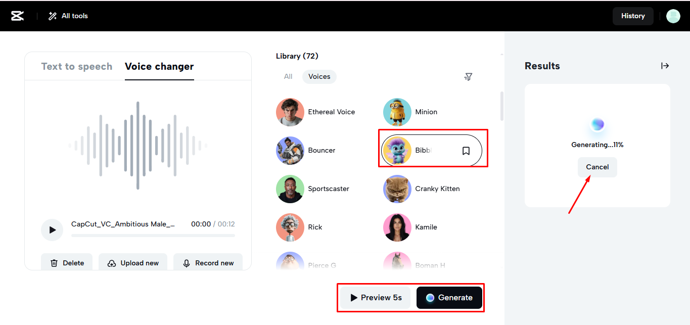 Using the voice changer feature to alter the audio