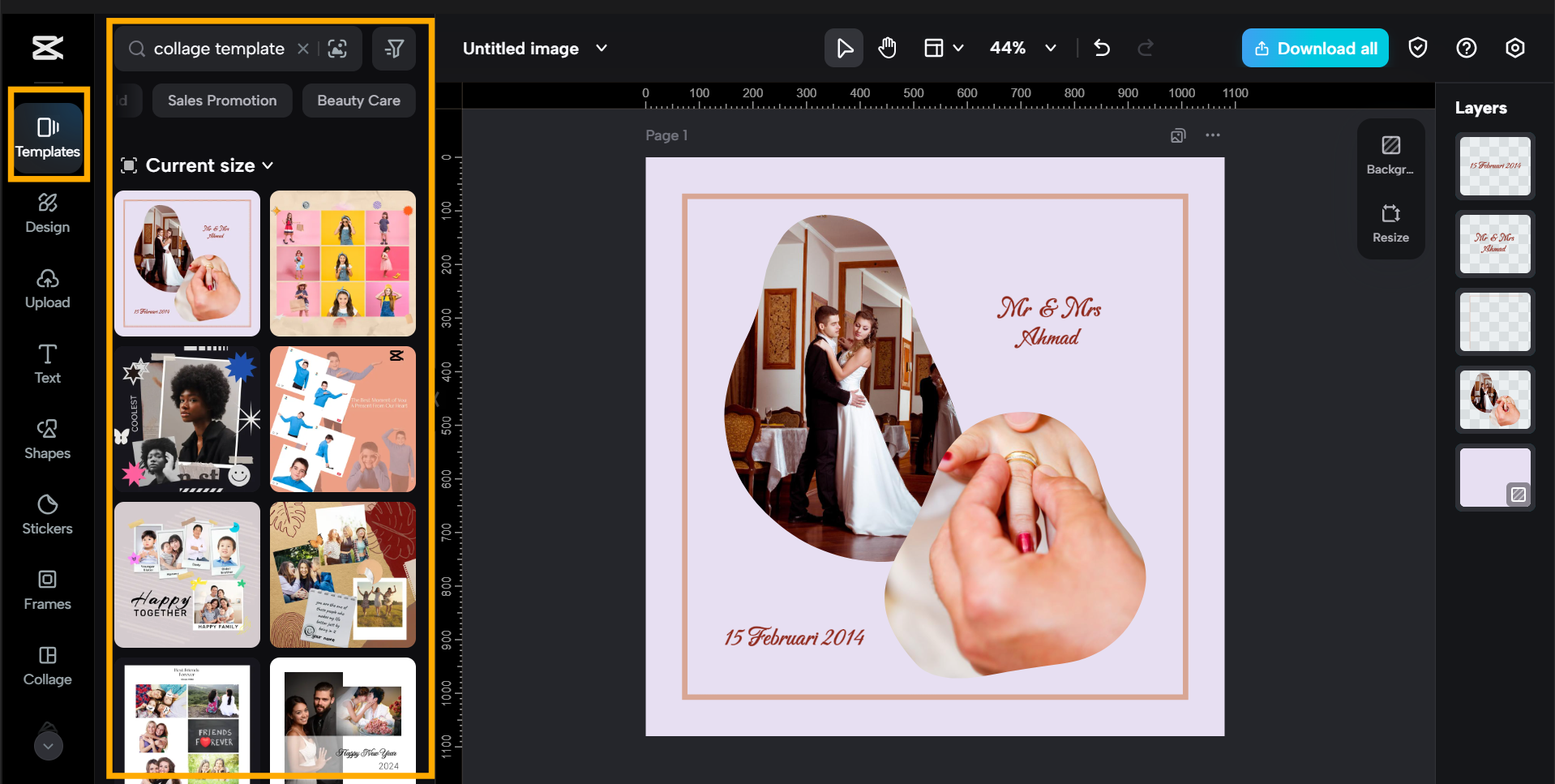 CapCut template search screen — collage photo editor for pc