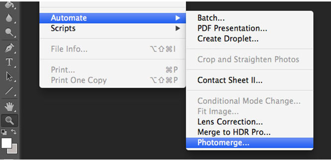 Zugriff auf die Photomerge-Funktion in Adobe Photoshop