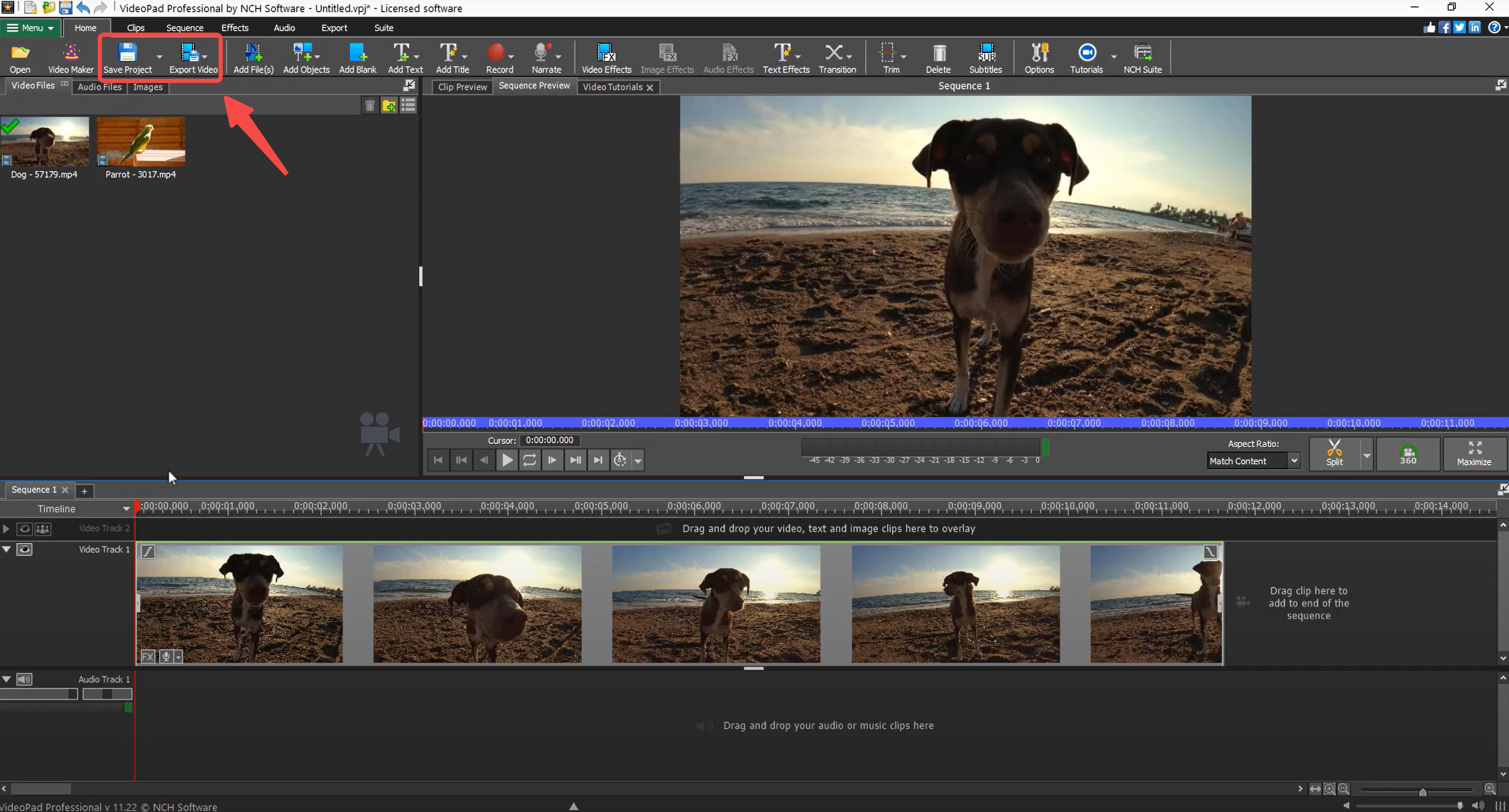 Exporting a video from the VideoPad video editor