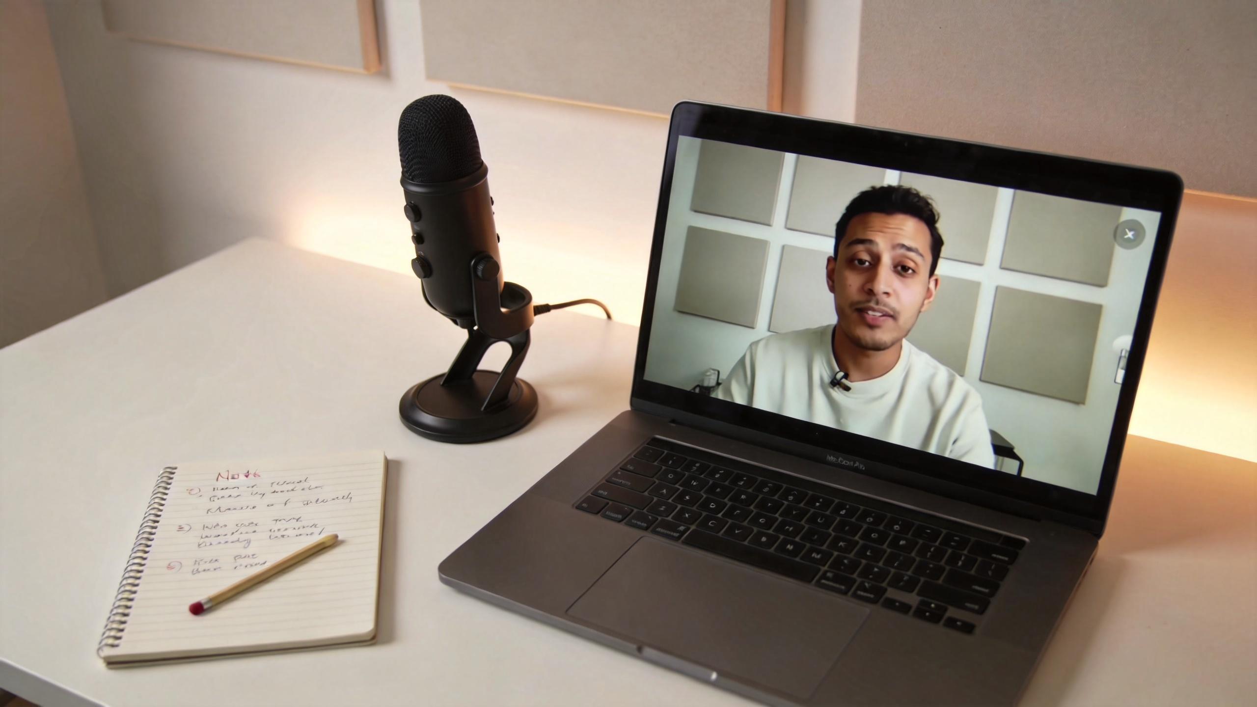 Laptop showing a man speaking on video beside a microphone and notebook on a desk