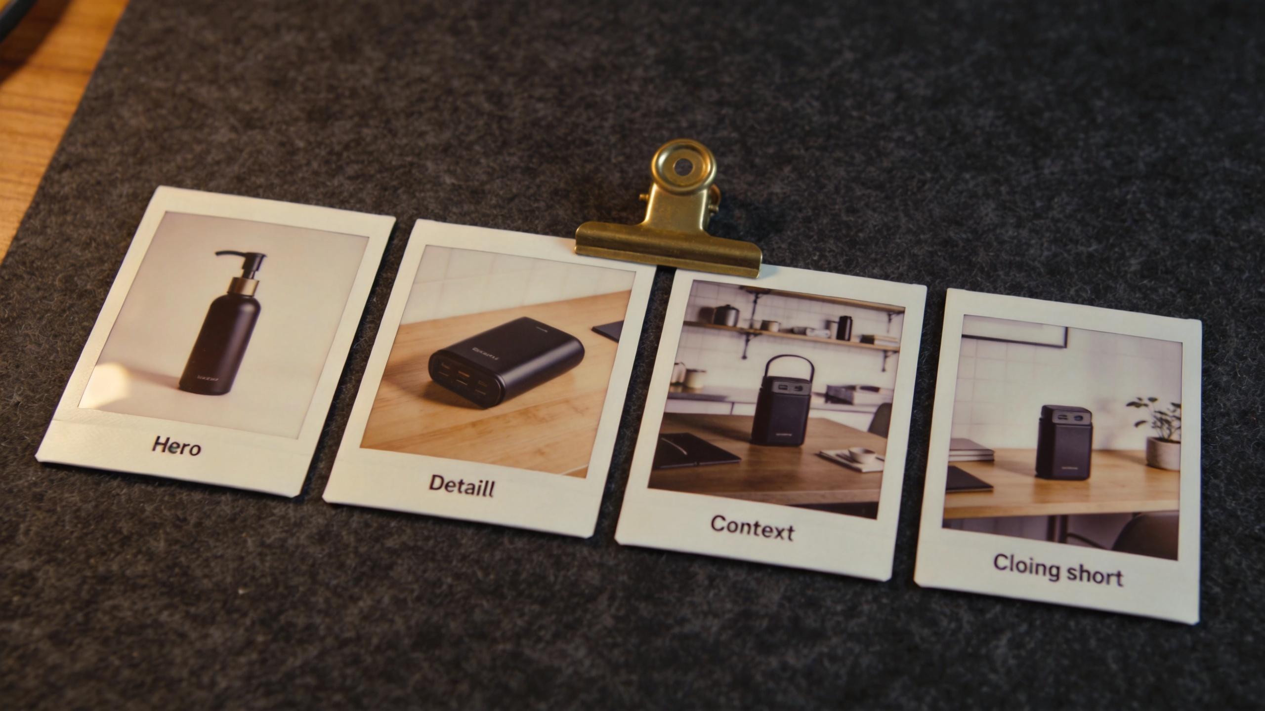 Four Polaroid-style product photos labeled Hero, Detail, Context, and Closing shot