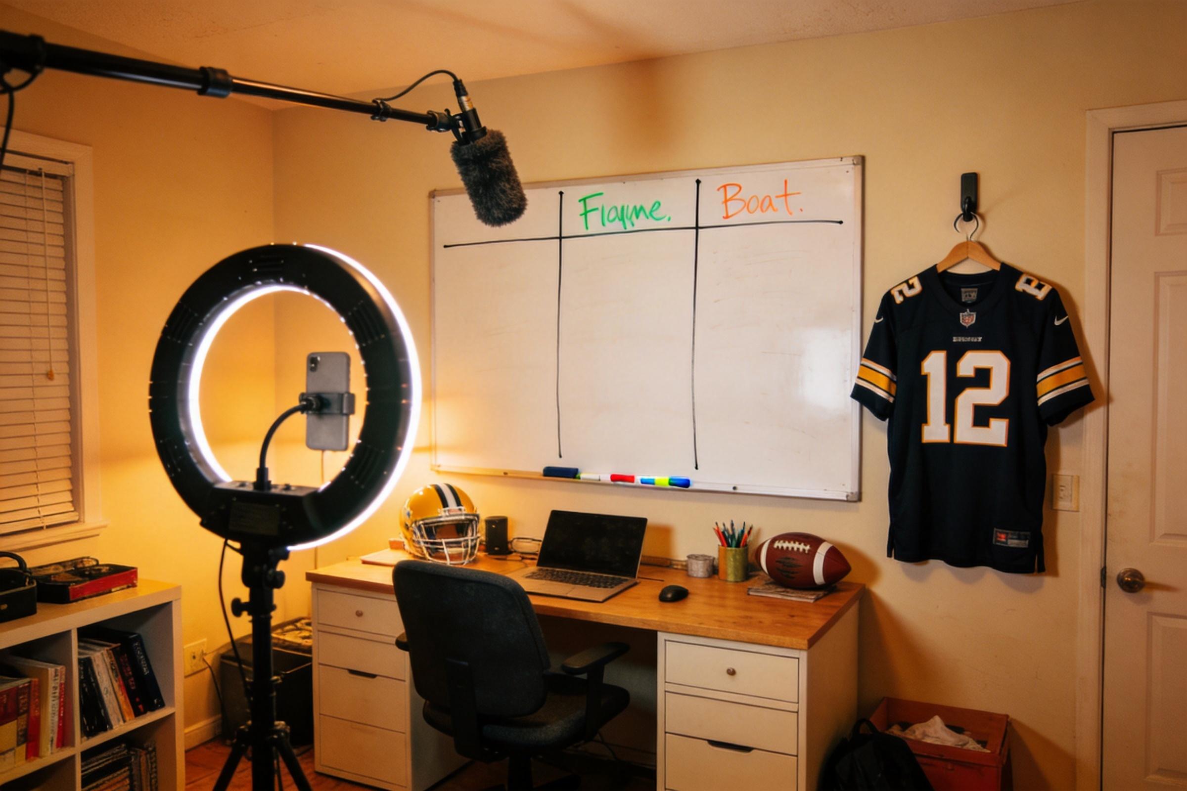 Home football video setup with ring light, boom mic, whiteboard, laptop, and jersey on the wall
