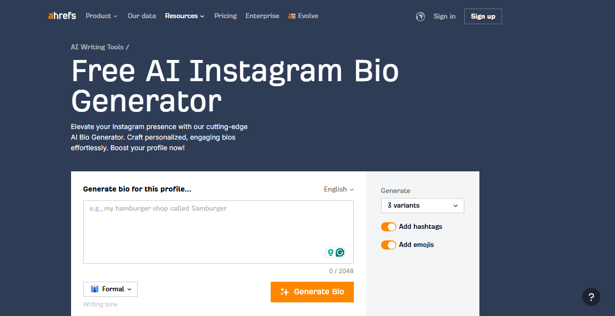 Interface ng Ahrefs Instagram bio generator