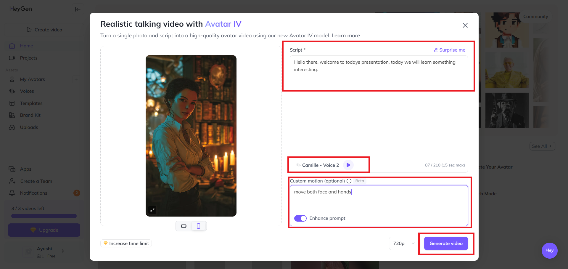 Select avatar, script, and voice