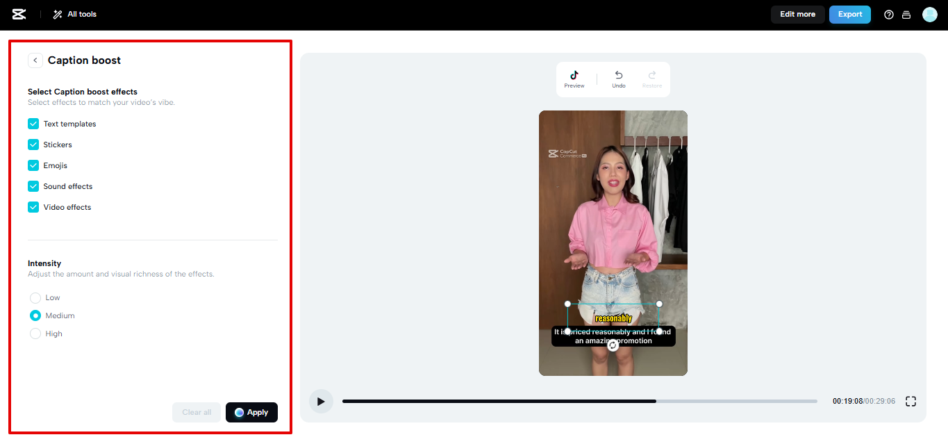 การเพิ่มพลังคำบรรยายใน CapCut Web