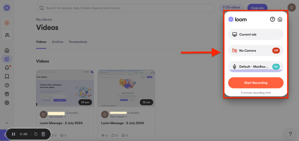 Interface of Loom - another way to record a YouTube video on PC
