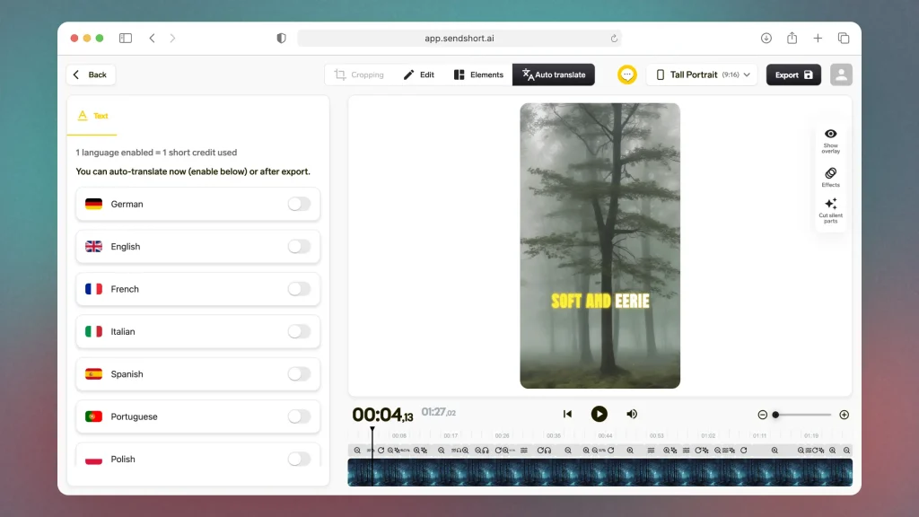 Giao diện của SendShort - một nền tảng hữu ích để tạo video AI vô diện
