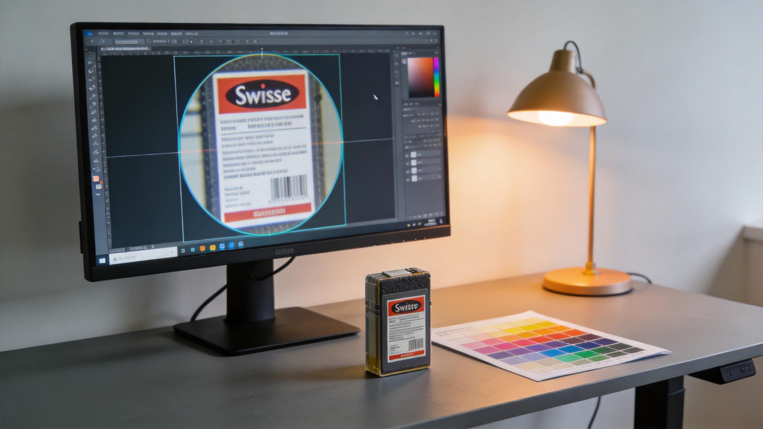 Desk setup with a product package, monitor editing its label, lamp, and color chart