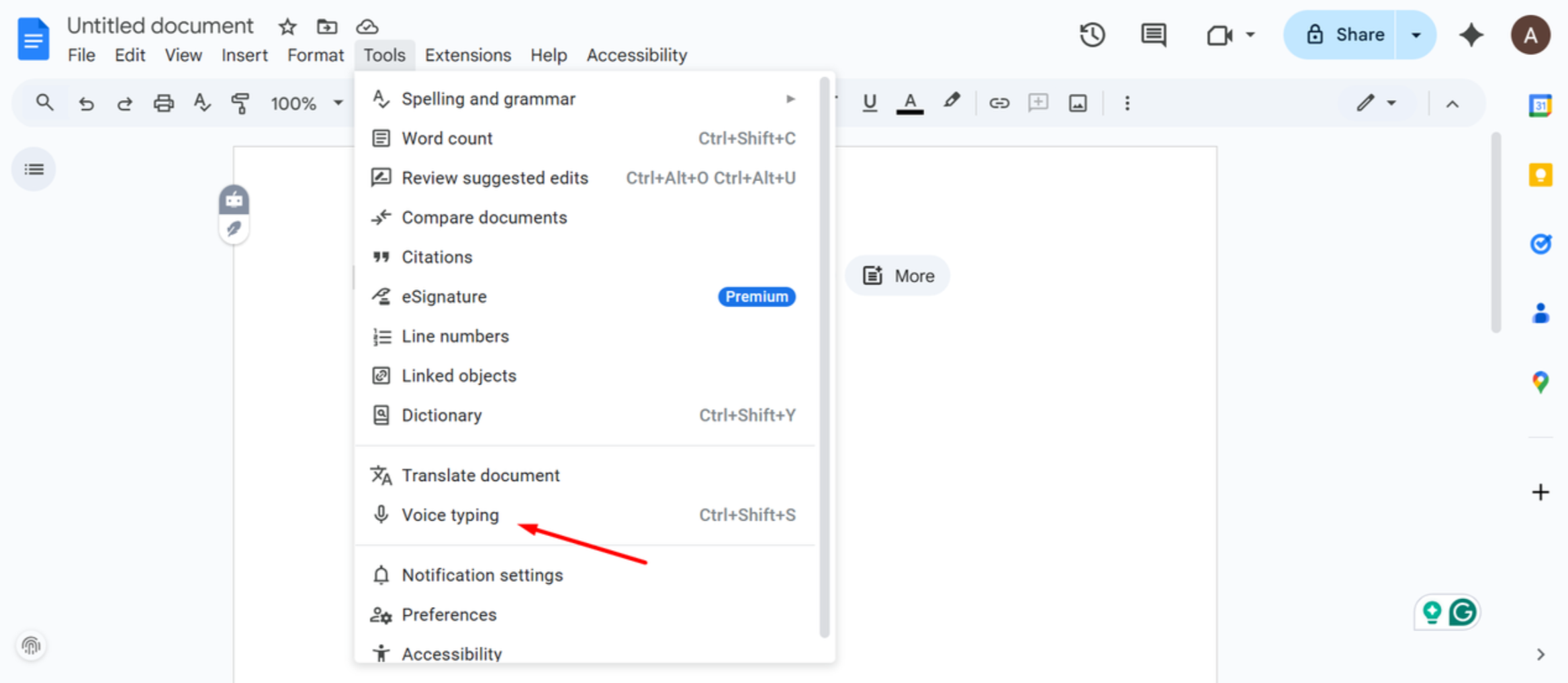 The interface of Google Docs voice typing - an easy-to-use way to type via voice