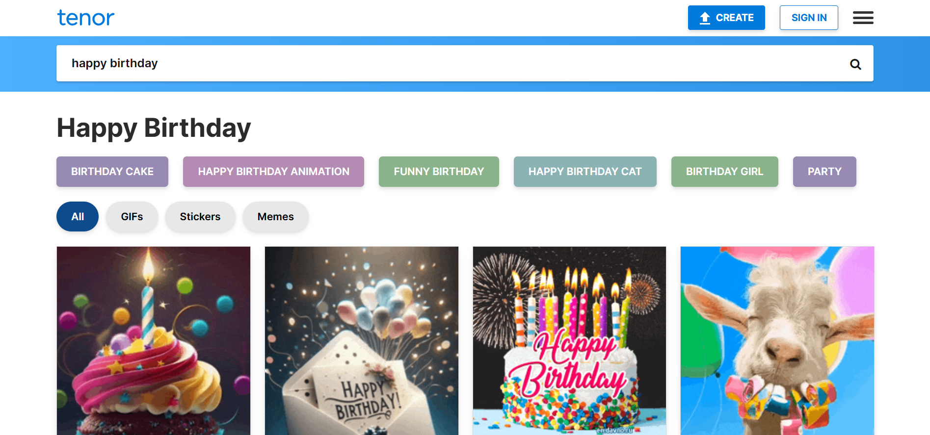 Interface of Tenor - the best tool for birthday animated GIF