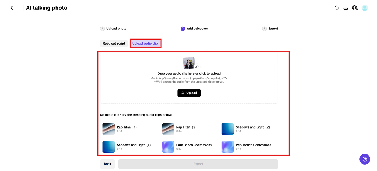 Upload audio clip