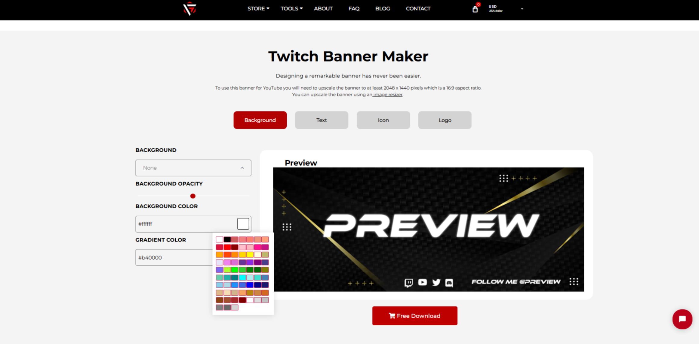 Interface do Gaming Visuals - um versátil criador de banner do Twitch