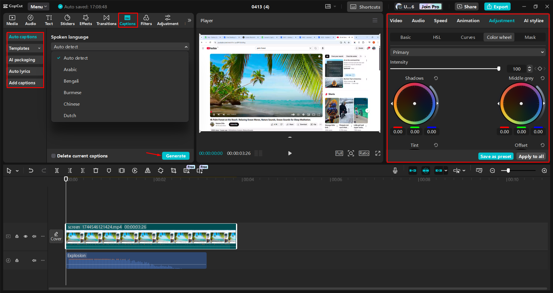 Adding captions and editing a screen recording in the CapCut desktop video editor