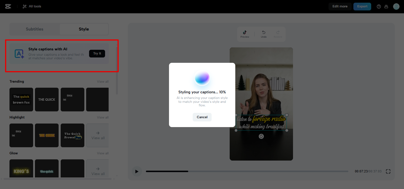 CapCut Web stilizează subtitrările cu AI