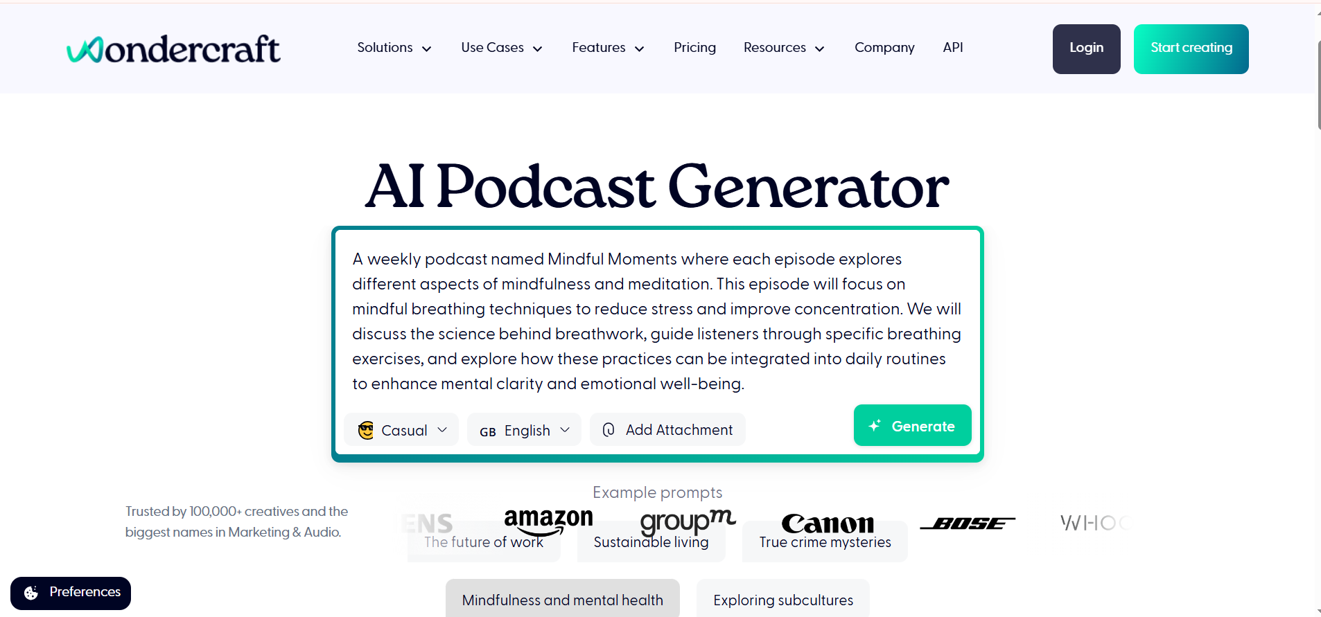 Interface of Wondercraft - converting text to a podcast
