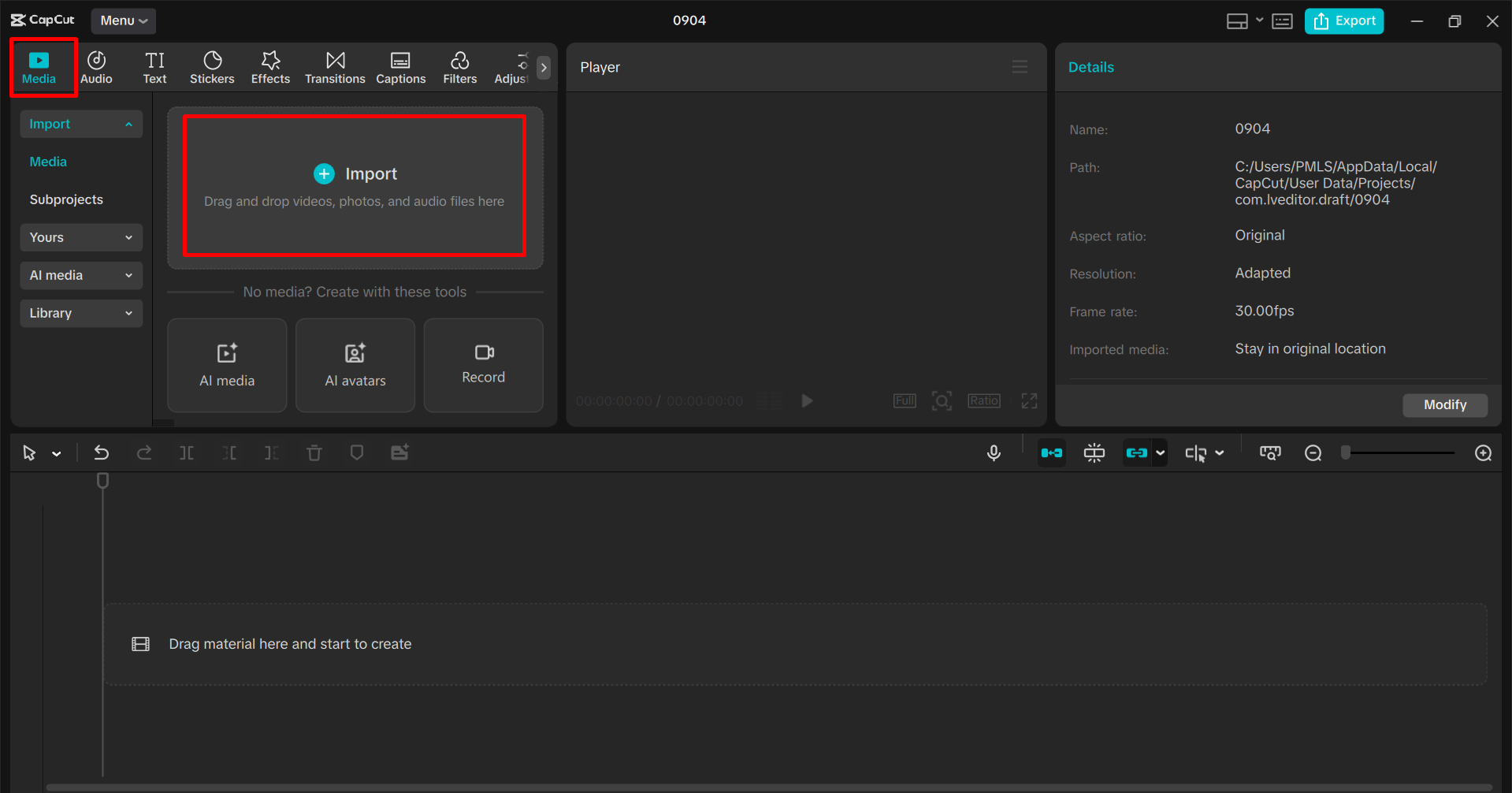Importing the video into the CapCut desktop video editor
