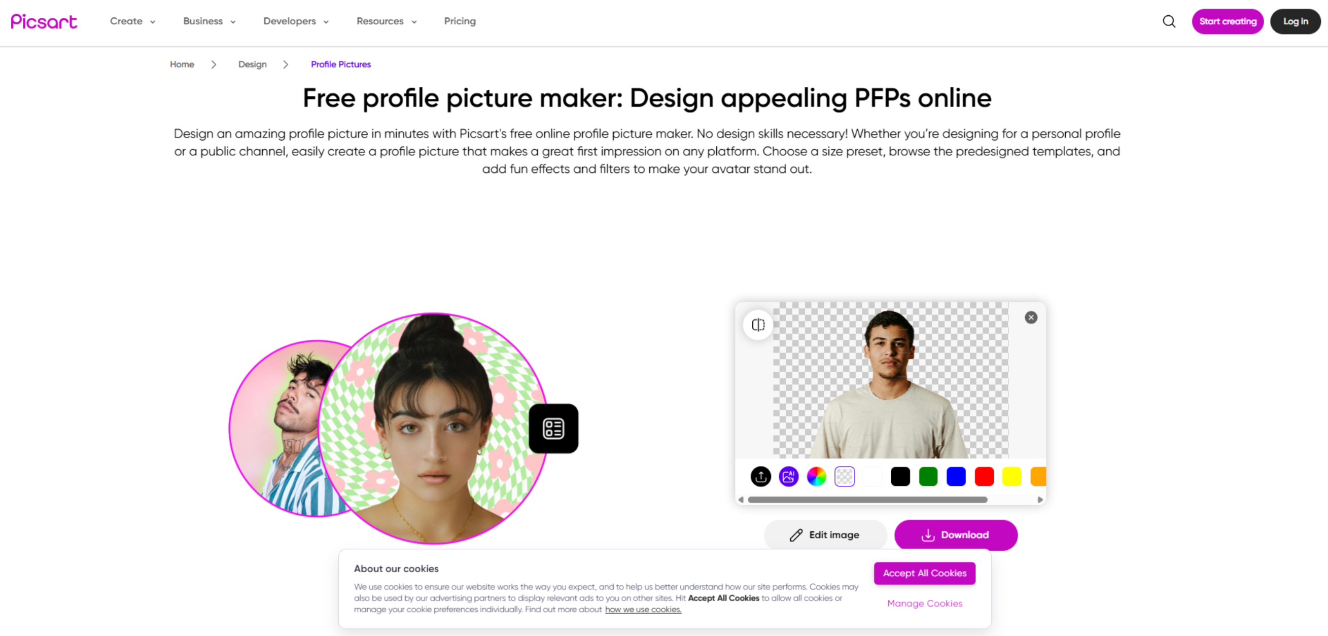 Interface of Picsart - another tool to create Whatsapp profile pictures