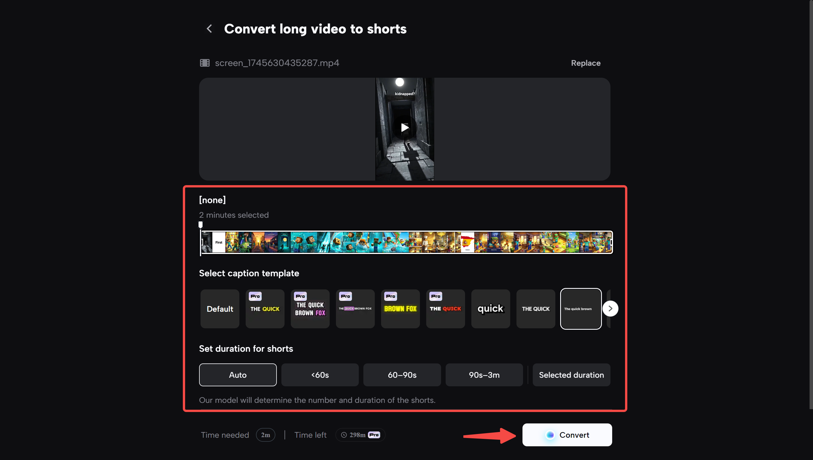 Adjusting settings for converting a "Long video to shorts" tool